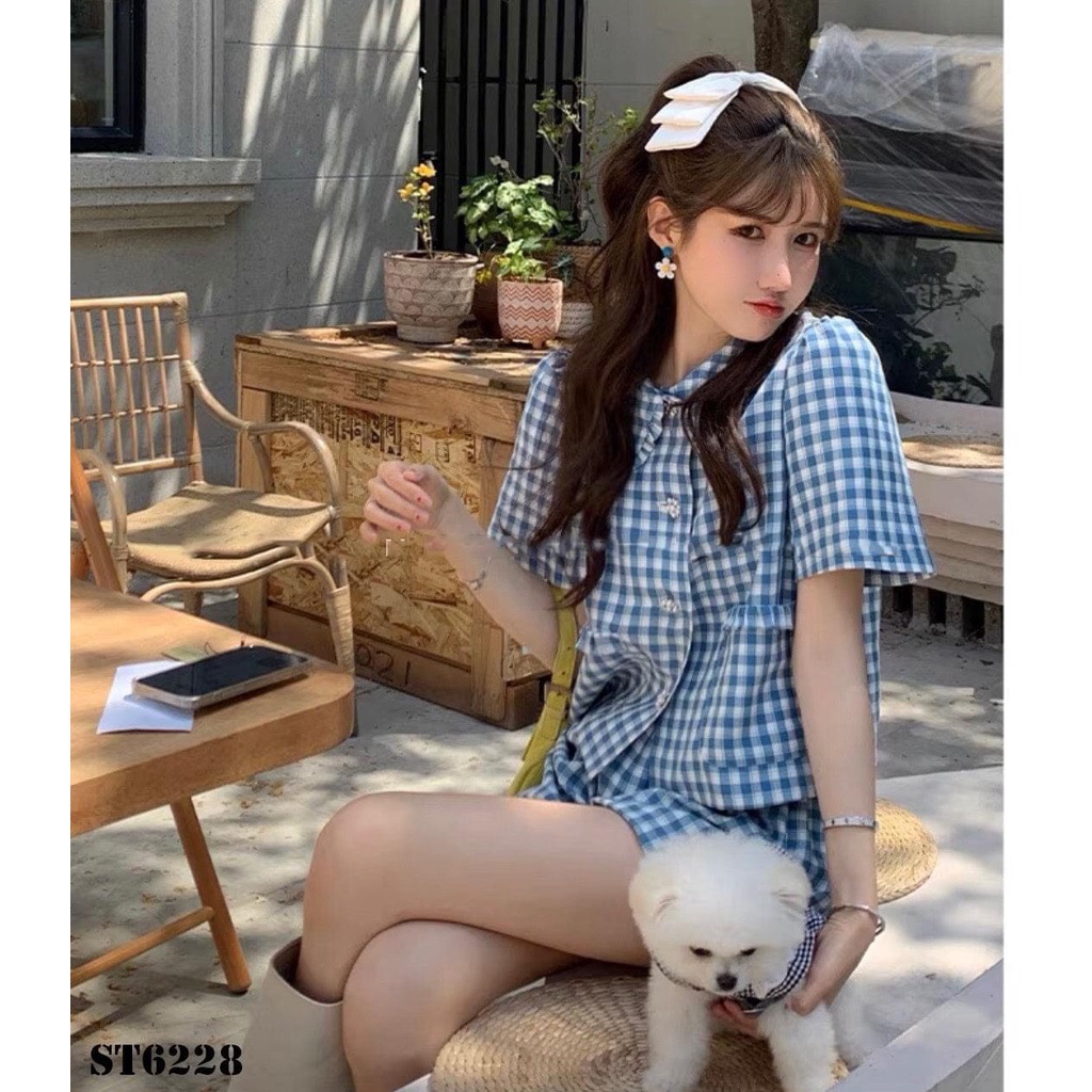 Set bèo kẻ xanh quần boom