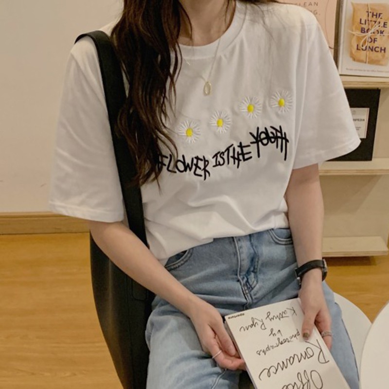 [Baywellfashion]Women Summer Crew Neck College Wind Short Sleeve Floral Daisy Print Loose T-Shirt | BigBuy360 - bigbuy360.vn