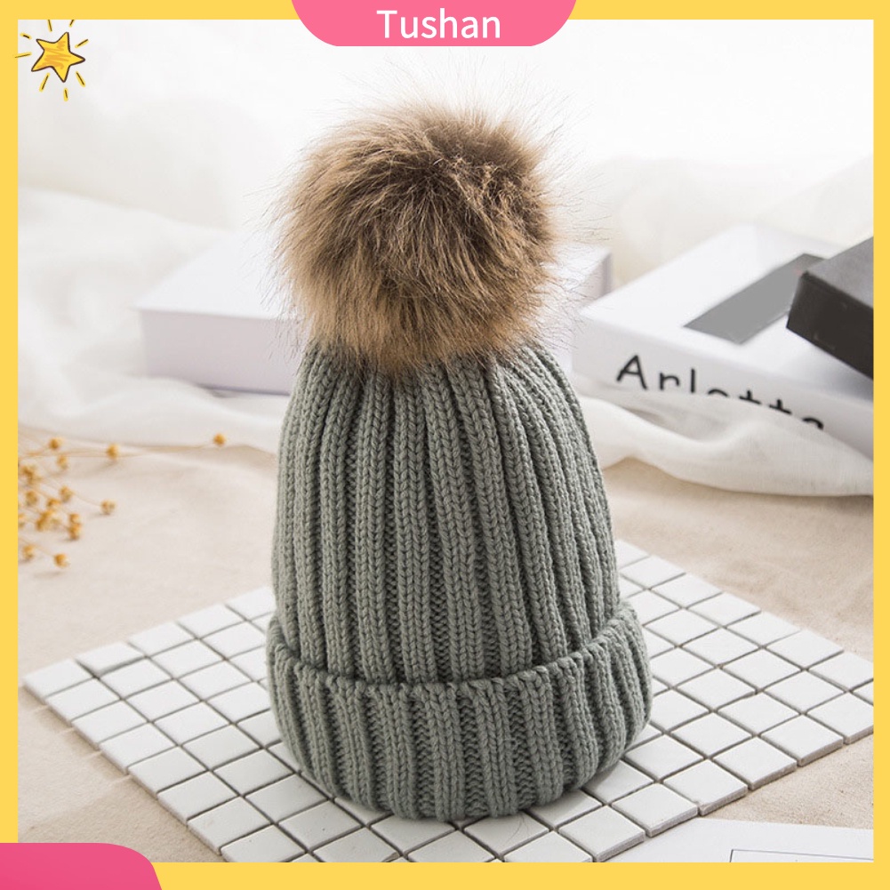 Mũ Beanie Dệt Kim Màu Trơn Đính Quả Cầu Lông Xinh Xắn
