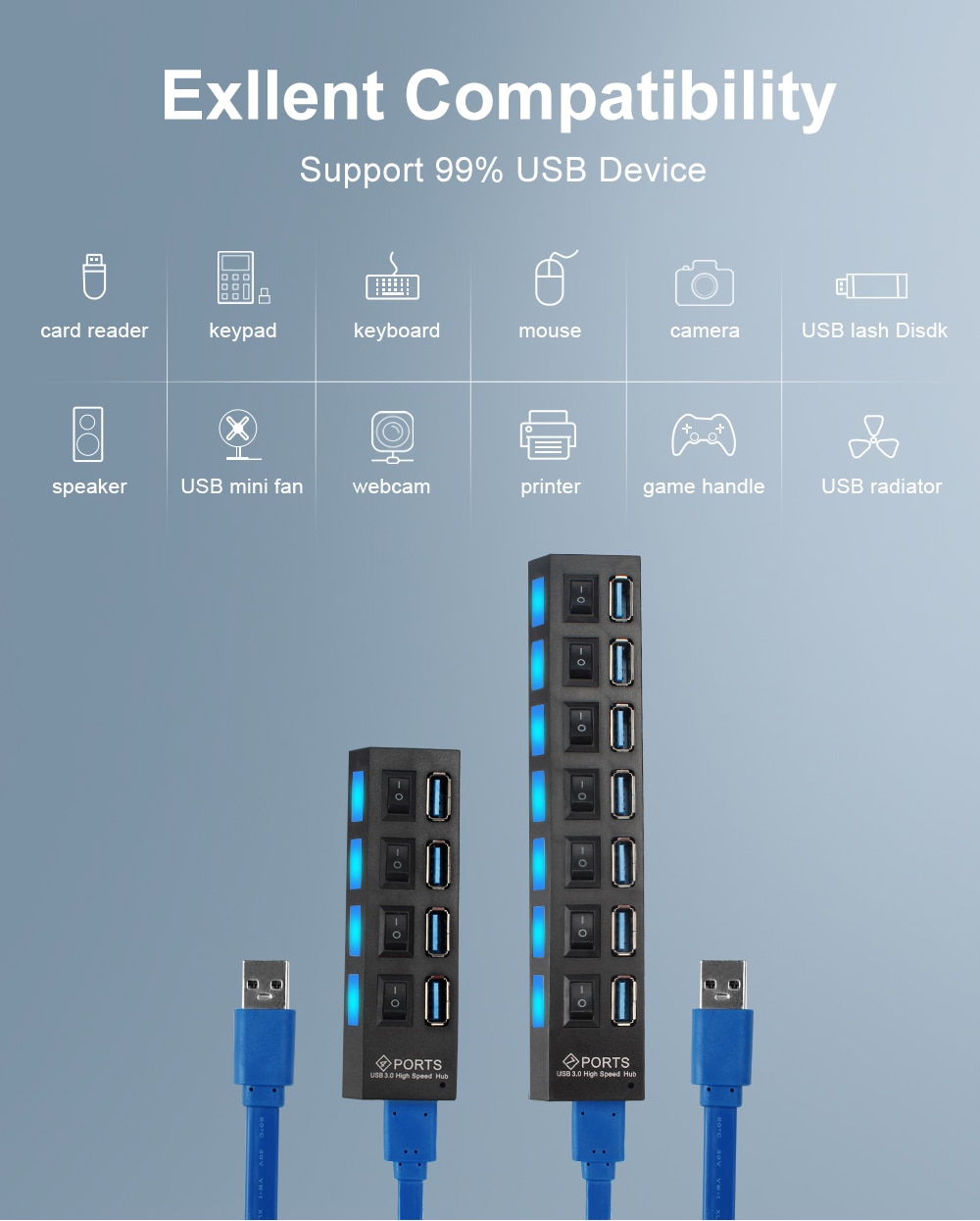 Bộ HUB chia USB 3.0 đa năng 4 cổng/7coorng mở rộng dùng cho máy tính PC