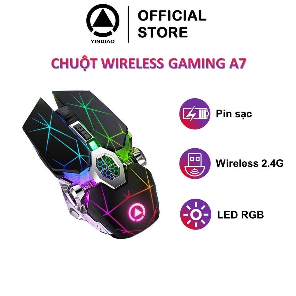 Chuột không dây gaming YINDIAO A7 Wireless 2.4G chuyên chơi game có đèn Led RGB 3 chế độ DPI - Hàng chính hãng