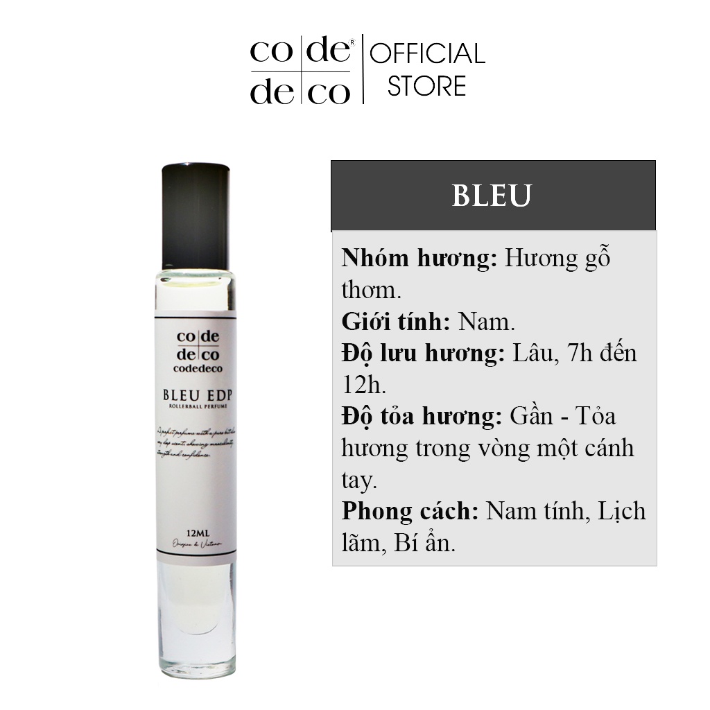 Tinh Dầu Nước Hoa Code Deco Bleu 12ml, Nam Tính, Lịch Lãm, Bí Ẩn - Chai Lăn Tiện Lợi