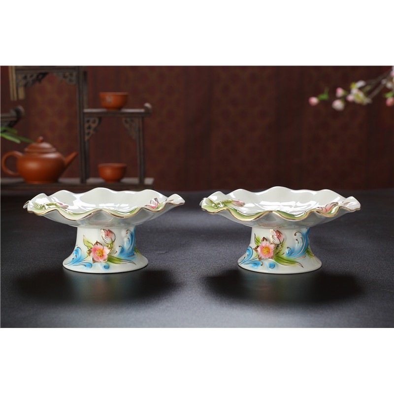 Đĩa Thờ Cúng - Set Đồ Thờ Phụng Bạch Ngọc Kim Sen Xanh Cao Cấp