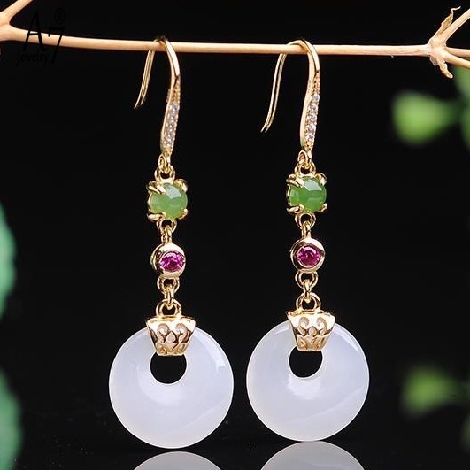 Bông Tai Bạc A7 S925 Đính Đá Ngọc Bích Trắng Thanh Lịch