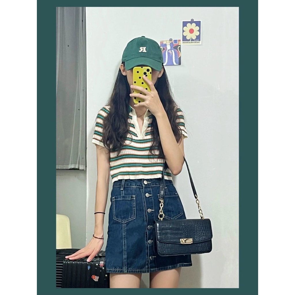 Set Áo Thun Polo Tay Ngắn Kẻ Sọc Phối Chân váy jean Thời Trang Trẻ Trung Cho Nữ