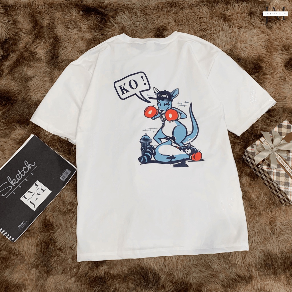 Áo thun Unisex tay lỡ nam nữ JTeeMan, áo phông form rộng nam nữ vải cotton in hình Kangaroo đấm bốc dễ thương - JT15