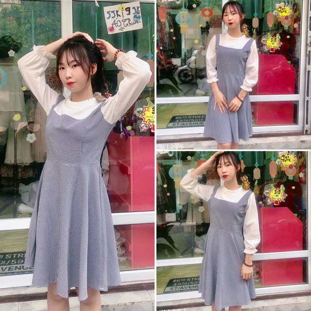Đầm basic xoè caro phối tay trắng tiểu thư