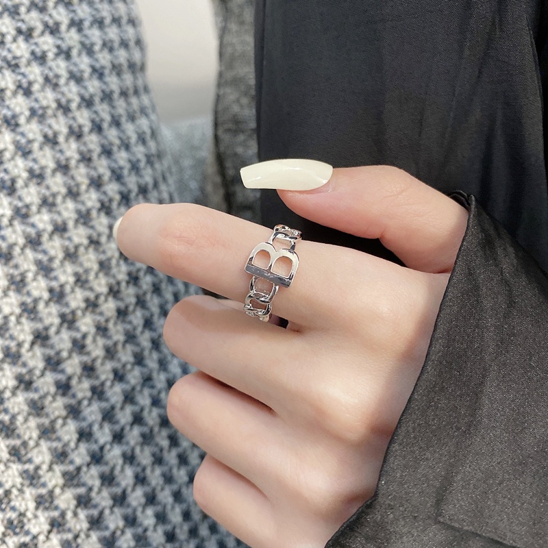 Nhẫn đeo tay kim loại khắc chữ B phong cách retro