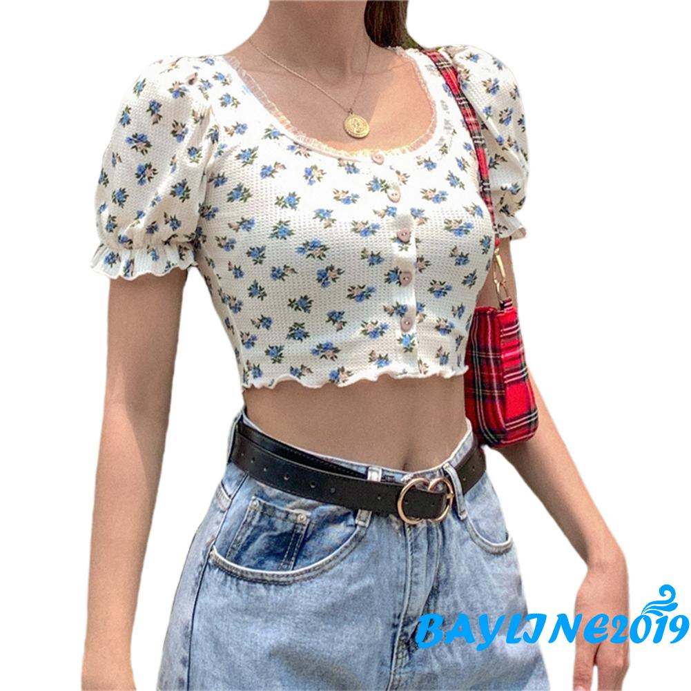 Áo croptop tay phồng in họa tiết hoa xinh xắn cho nữ