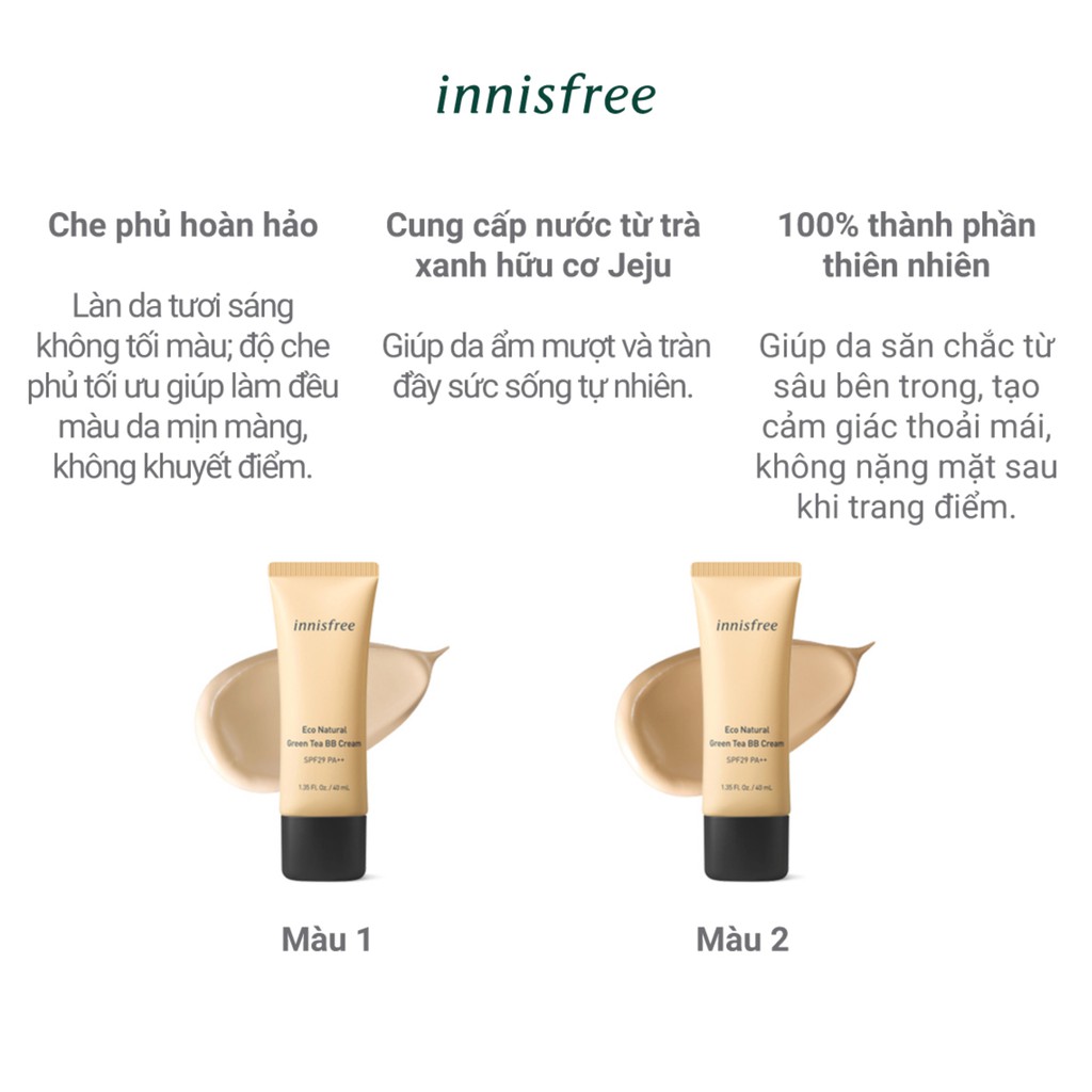 [Mã COSIF12 giảm 10% đơn 400K] Kem nền BB trang điểm innisfree Eco Natural Green Tea BB Cream SPF29 PA++ 40ml | BigBuy360 - bigbuy360.vn