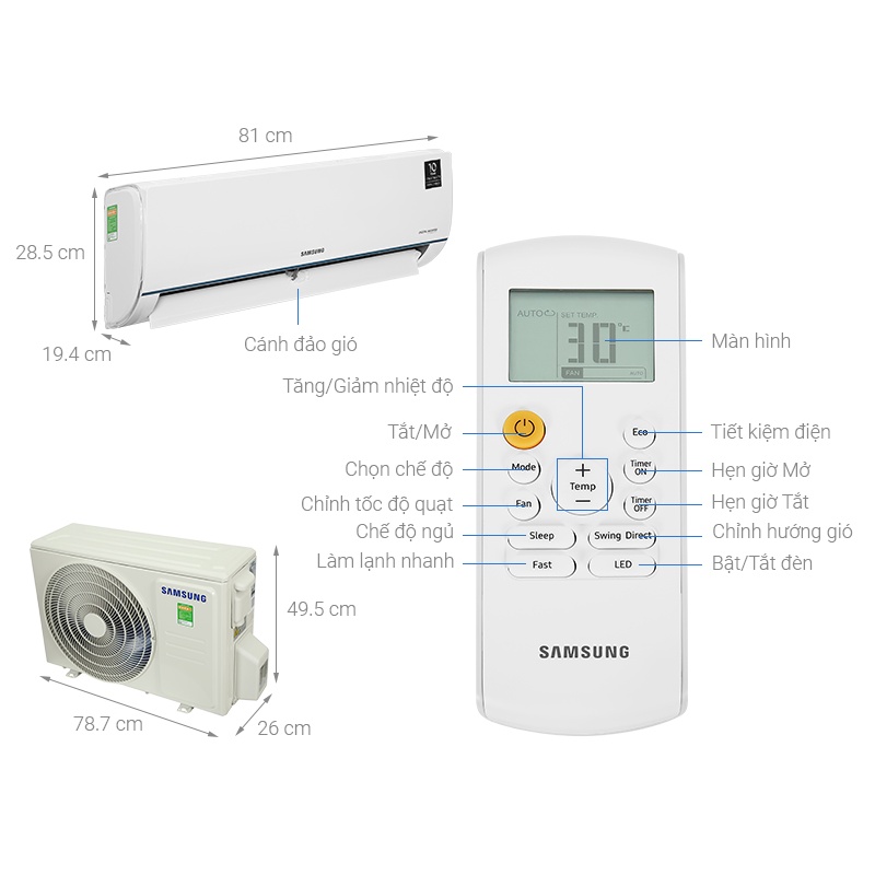 [Mã ELHA10 giảm 6% đơn 5TR] Điều hòa Samsung 1 chiều Inverter R32 AR12TYHQASINSV(I/O)