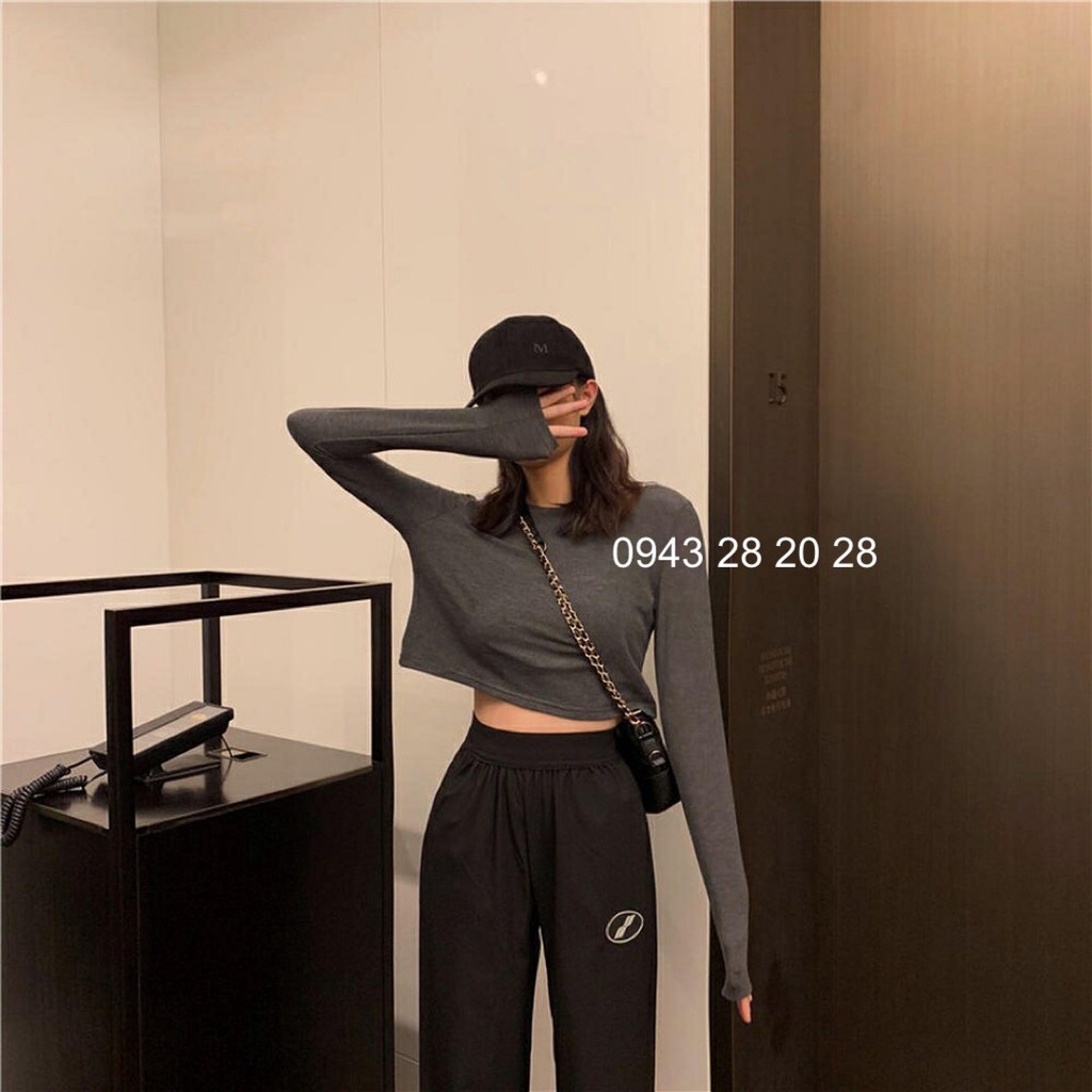 áo croptop dài tay trơn phom rộng cổ tròn phong cách hàn quốc nhiều màu