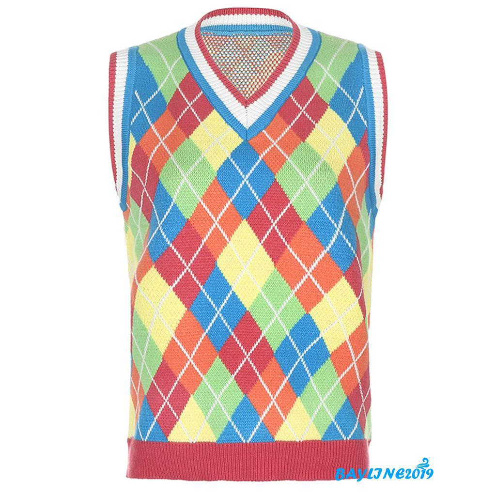 Áo len dệt kim không tay họa tiết màu khối giản dị