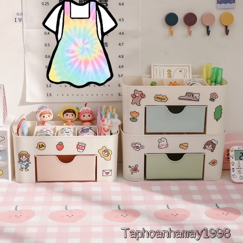 Kệ đựng mỹ phẩm để bàn mini 6 ô đựng và 1 ngăn kéo sắp xếp đồ trang điểm, đồ dùng văn phòng phẩm ngăn nắp gọn gàng