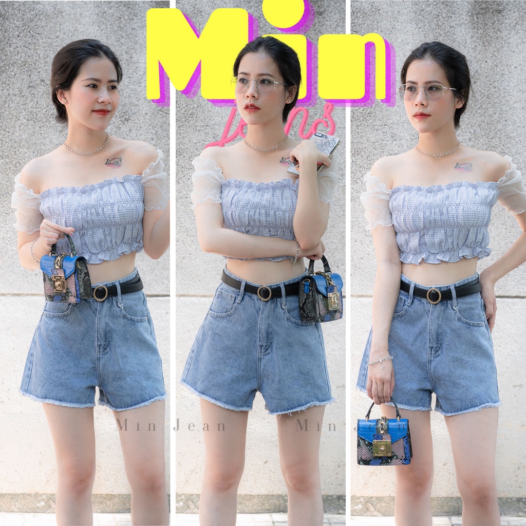 Quần Short Jean Nữ Lưng Cao Tua Lai MinJean MS021 Form Chữ A, Quần Đùi Bò Trơn Không Co Giãn Tôn Dáng
