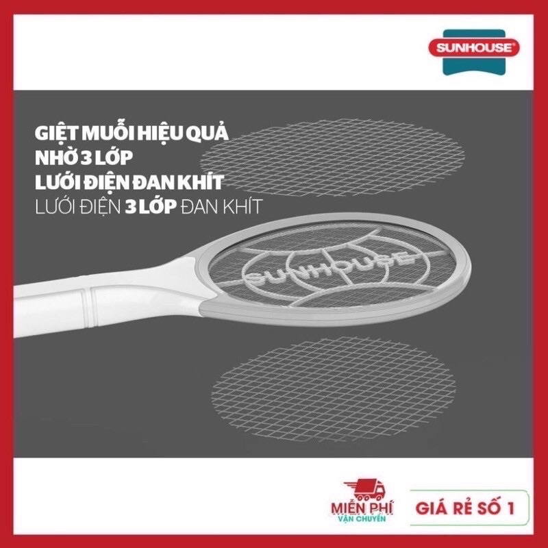 Vợt muỗi Sunhouse SHE-E200 màu vàng, vợt muỗi Sunhouse tích hợp đèn báo sạc tiện dụng
