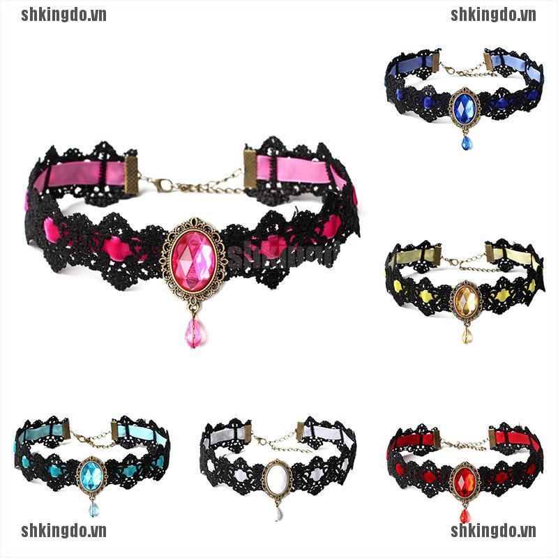 Vòng Cổ Choker Dây Nhung Đen Đính Đá Pha Lê Phong Cách Gothic