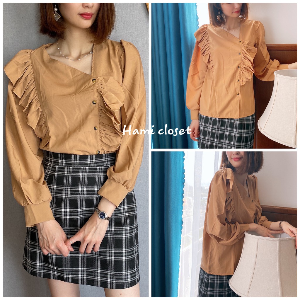 áo sơmi nữ cúc chéo viền bèo phong cách tiểu thư Mã A025