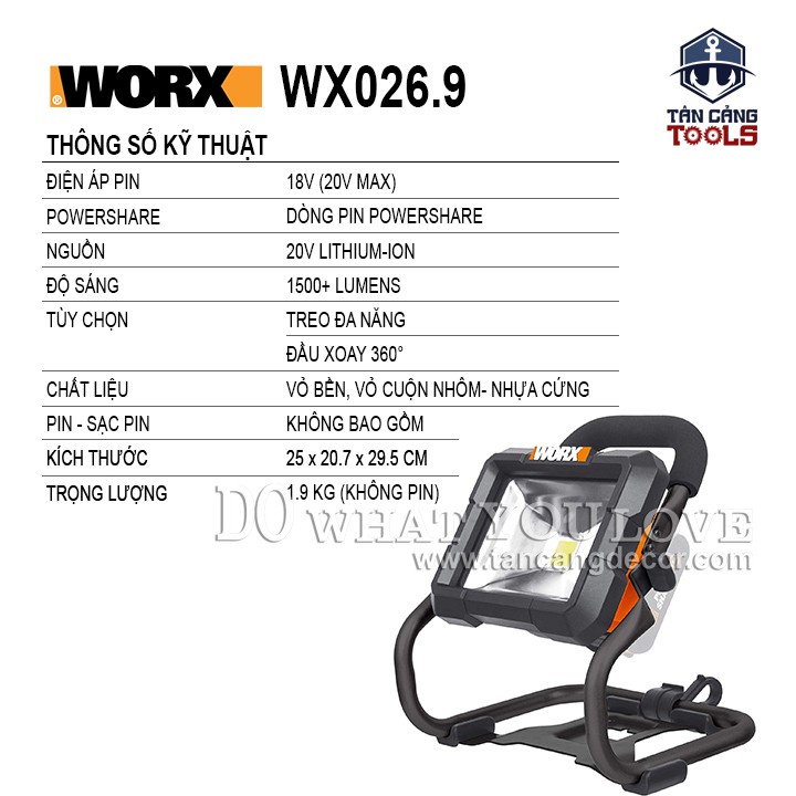 Đèn Led Công Trình Không Dây 20 V Worx WX026.9 ( Chưa Bao Gồm Pin )