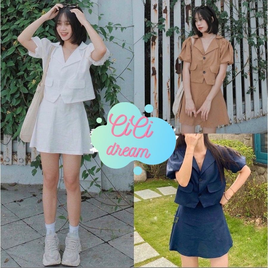 Set chân váy nữ ngắn chữ A kèm áo babydoll trắng ngắn tay buộc dây, Set chân váy ngắn chữ A kèm áo sơ mi trắng cộc tay | BigBuy360 - bigbuy360.vn