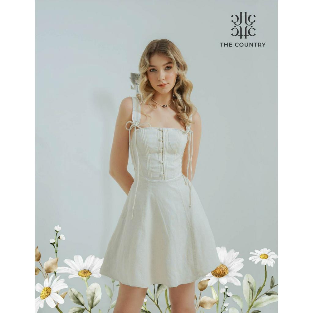 Váy xoè hai dây dáng ngắn The Country Floral Fiesta Begie Dress vải Linen