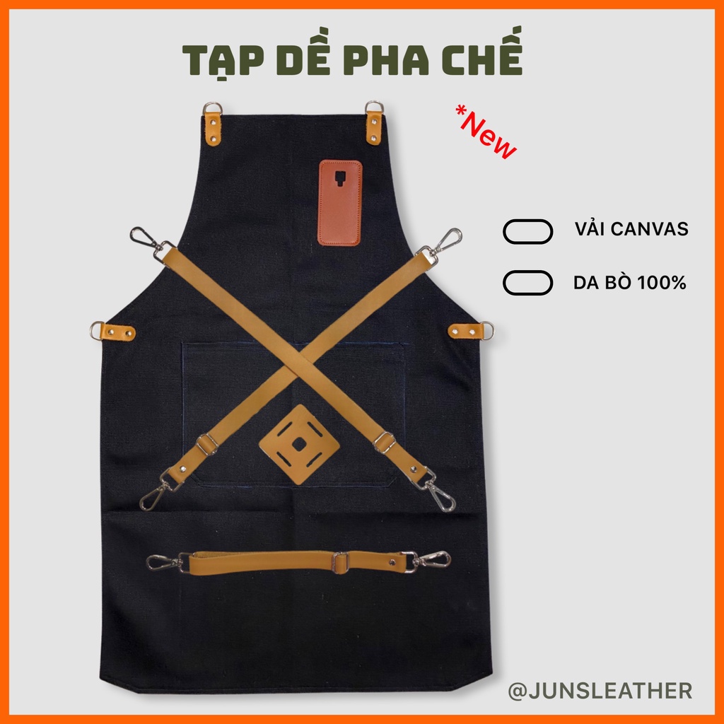 Tạp dề pha chế vải canvas dây da của Junsleather phối da bò cao cấp dành cho Barista/Bartender quán cà phê