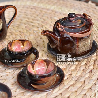 Bộ Ấm Trà Hoa Trong Lòng Chén Men Hỏa Biến Nâu Dáng Vuông Bát Tràng Pha Trà Uống Trà Siêu Đã