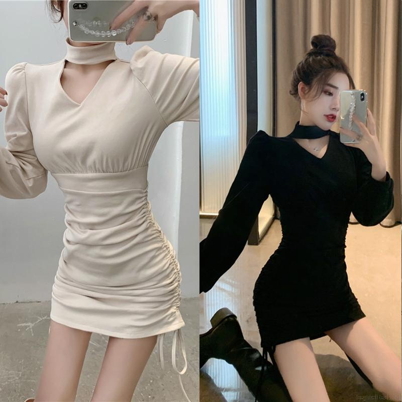 Đầm bút chì ôm dáng tay dài phồng dây rút dành cho nữ