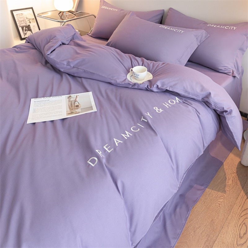Bộ chăn ga gối cotton linen dream city phong cách hàn quốc, ga giường vỏ gối decor phong cách đơn sắc tinh tế