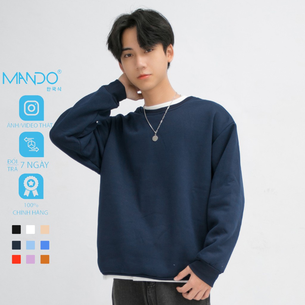 Áo Nỉ Nam Trơn Dài Tay Không Cổ MANDO Chất Nỉ Bông Cao Cấp Form Rộng Nhiều Màu Basic Unisex Thời Trang Hàn Quốc NDN054 -