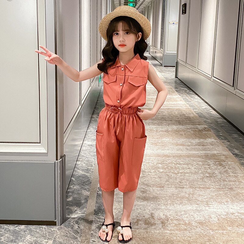 Bộ Áo Thun Không Tay + Quần Ngắn Thời Trang Mùa Hè Dành Cho Bé Gái 5-12 Tuổi