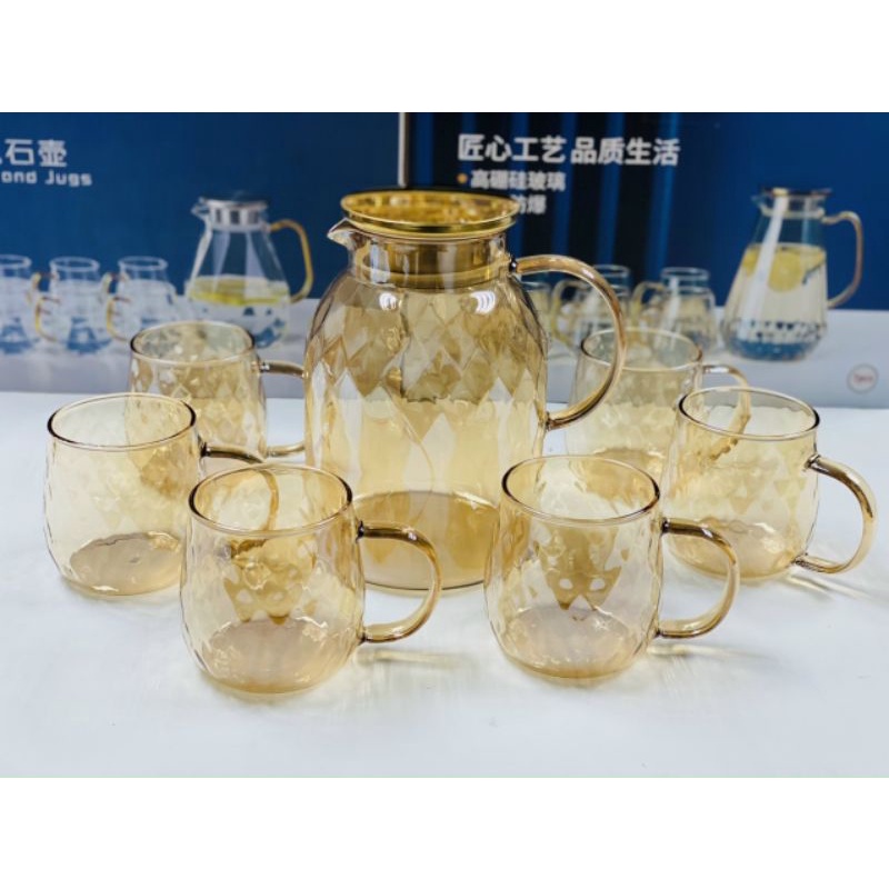 Bộ Bình 6 Cốc Thủy Tinh Chịu Nhiệt Dáng Bầu, Bộ Bình 6 Cốc Thủy Tinh Đựng Nước