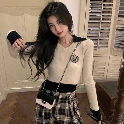 Áo croptop ZHELIHANGFEI vải len tay dài cổ polo phong cách trẻ trung cá tính dễ phối đồ