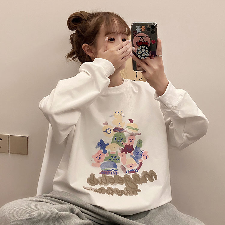 áo nỉ tay dài cổ tròn in hình dễ thương đáng yêu phong cách Hàn Quốc cho nữ | BigBuy360 - bigbuy360.vn