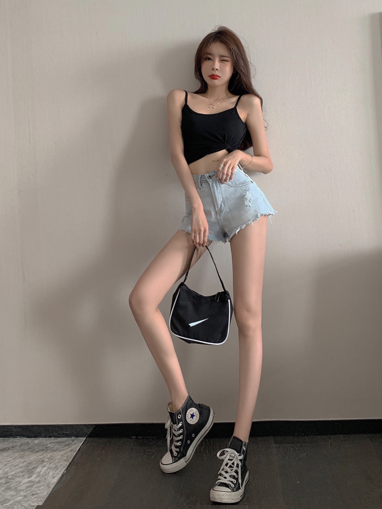 IELGY Quần Short Denim Lưng Cao Ống Rộng Phối Rách Thời Trang Mùa Hè Cho Nữ