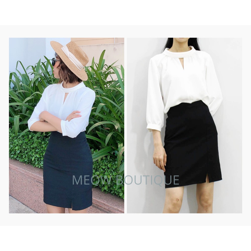 [Hình thật tự chụp] Váy Công sở Lưng Tròn Xẻ Trước dáng chữ A Meow Boutique | BigBuy360 - bigbuy360.vn