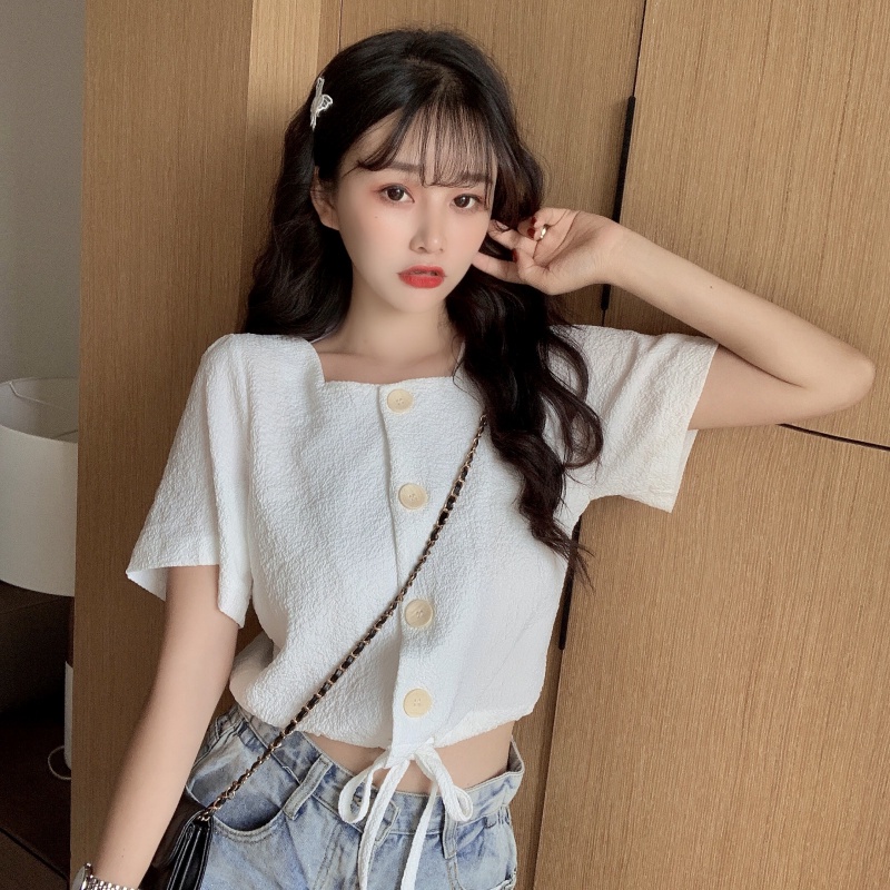 [Hàng Có Sẵn] Áo Tay Ngắn Cổ Vuông Eo Cao Rút Dây Phong Cách Hàn Quốc