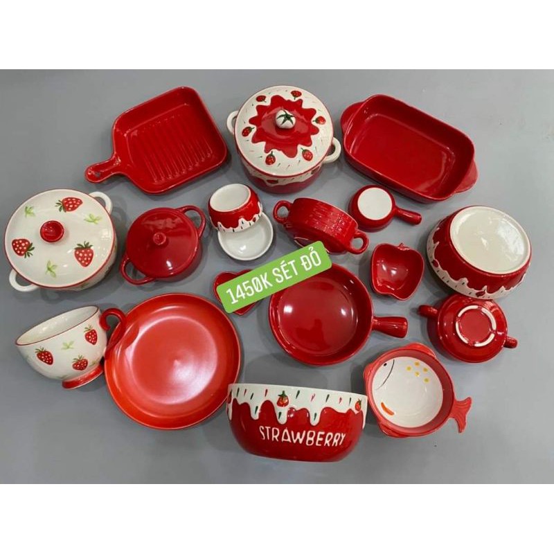 Set bát đĩa các loại màu đỏ