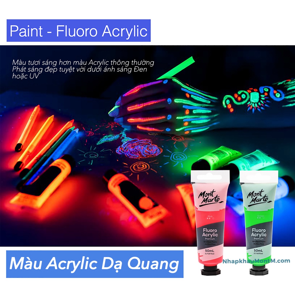 Màu lẻ acrylic phản quang phát sáng Mont Marte Fluoro Acrylic Paint Màu acylic Mont Marte FLUORO PREMIUM - 50ml