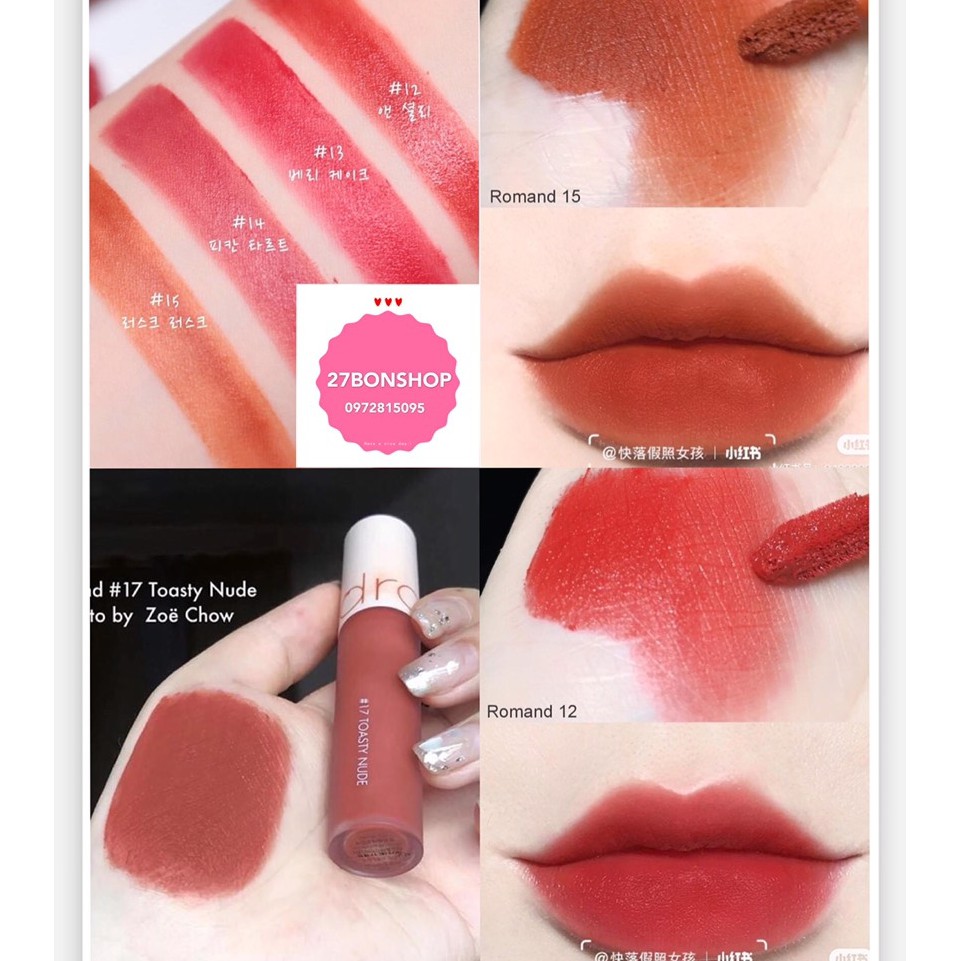 (Màu 12,13,14,15,16,17) Son Kem Romand Zero Velvet Tint - Mẫu mới