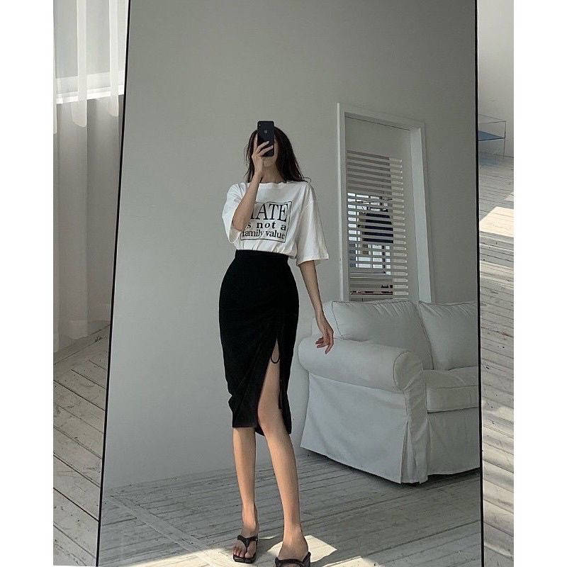 chân váy xẻ tà rút dây dáng dài thun co giãn tốt