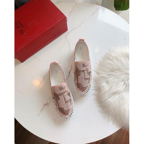 Slip-on lười độn đế kết cườm màu hồng be ‣ :))