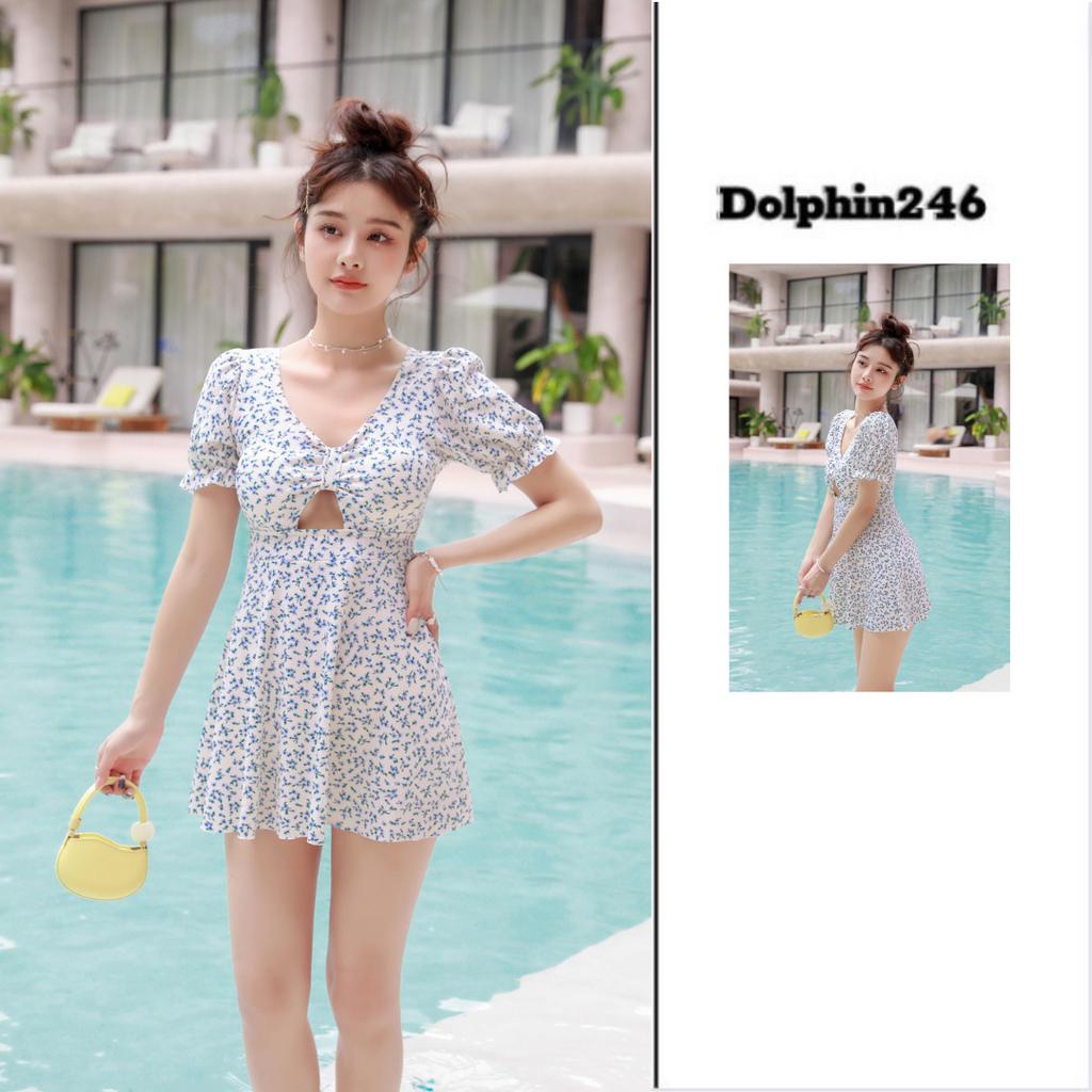 Bikini 1 mảnh liền thân dáng váy đi biển cho nữ tay phồng tôn dáng hở ngực họa tiết chấm bi vintage Hàn Quốc 625 H-20