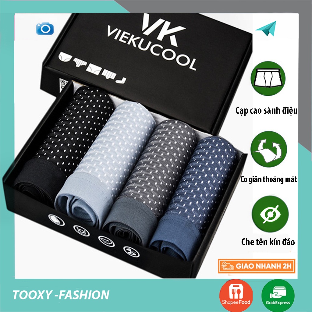 Hộp 4 sịp đùi boxer thông hơi cao cấp, Quần lót đùi nam co dãn 4 chiều VEIKUCOOL