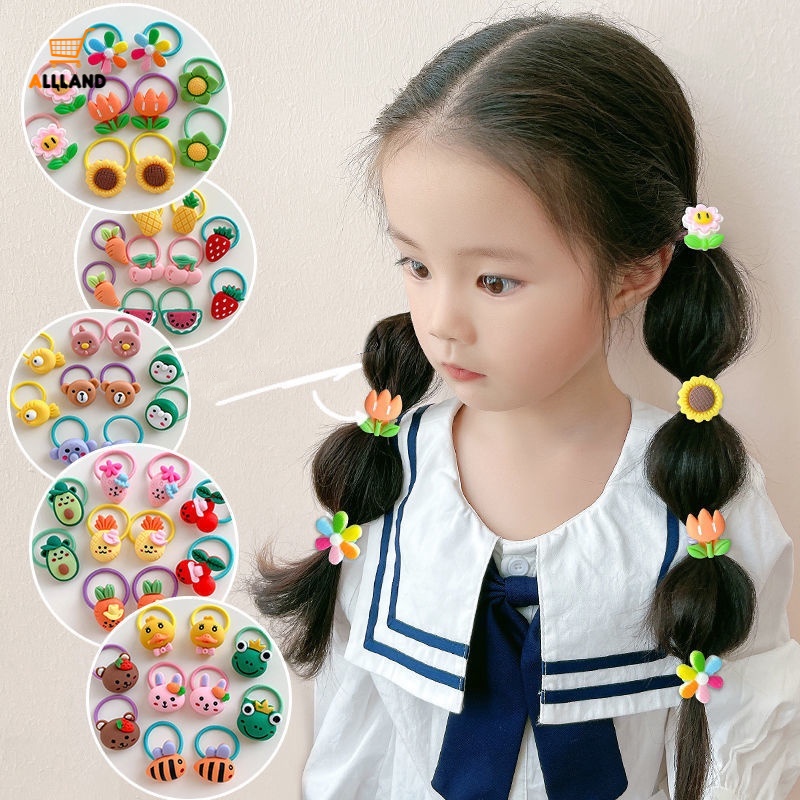 Set 10 Dây Buộc Tóc Co Giãn Cao Không Dệt Họa Tiết Hoạt Hình Đơn Giản Cho Bé Gái