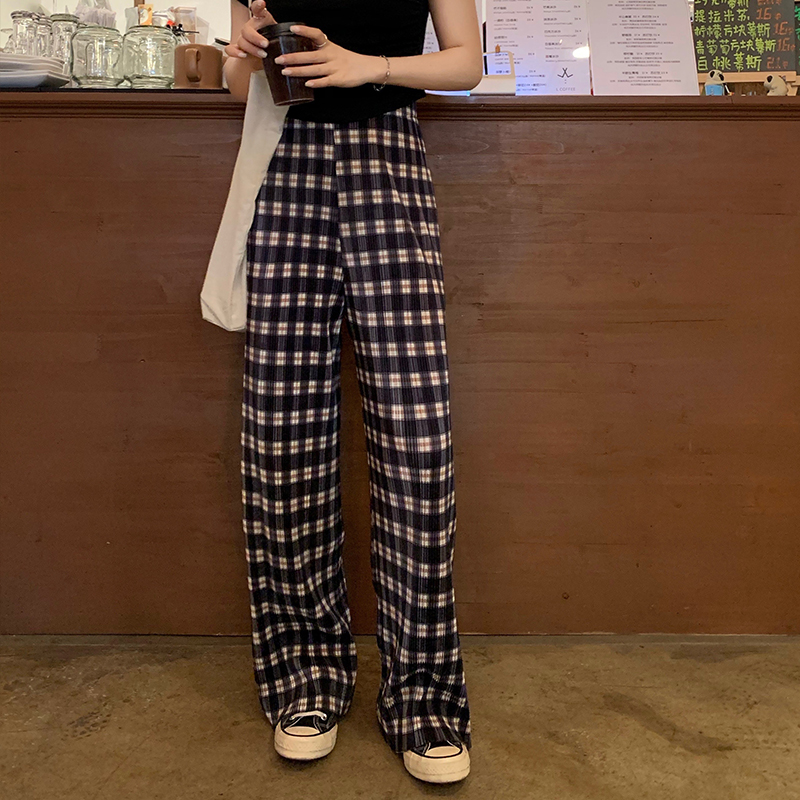 Casual plaid pants women's high waist thin loose straight-leg pants