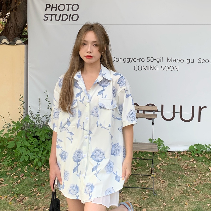 SUXI Áo sơ mi tay ngắn dáng rộng in hoa kiểu retro Hàn Quốc thời trang mùa hè cho nữ