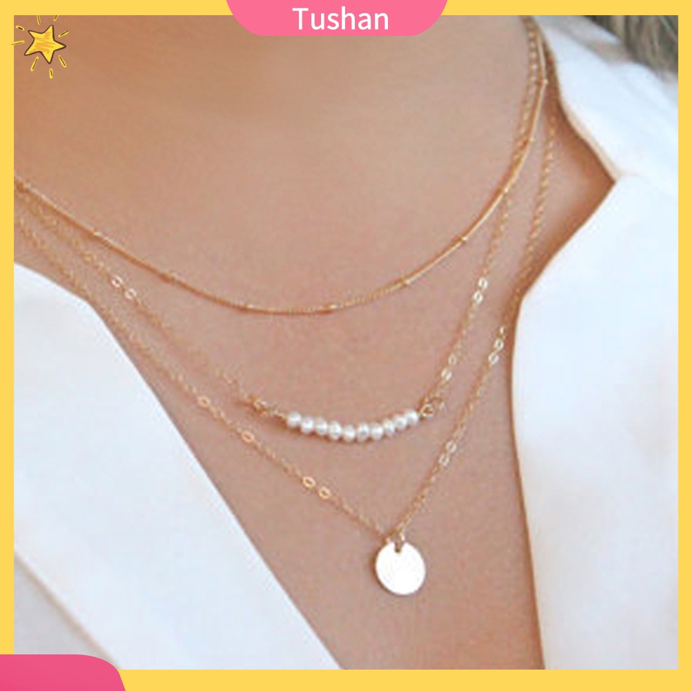 Dây chuyền ba lớp đính ngọc trai mặt tròn thời trang sang trọng