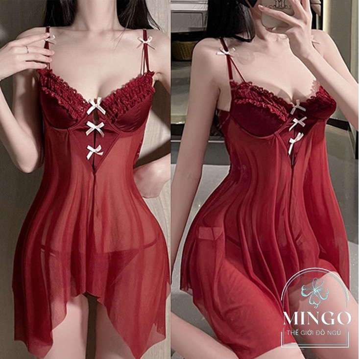 Váy ngủ sexy đầm ngủ gợi cảm 2 dây VOAN phối ren hở lưng nâng ngực quyến rũ ( tặng kèm quần chip lọt khe) VN70