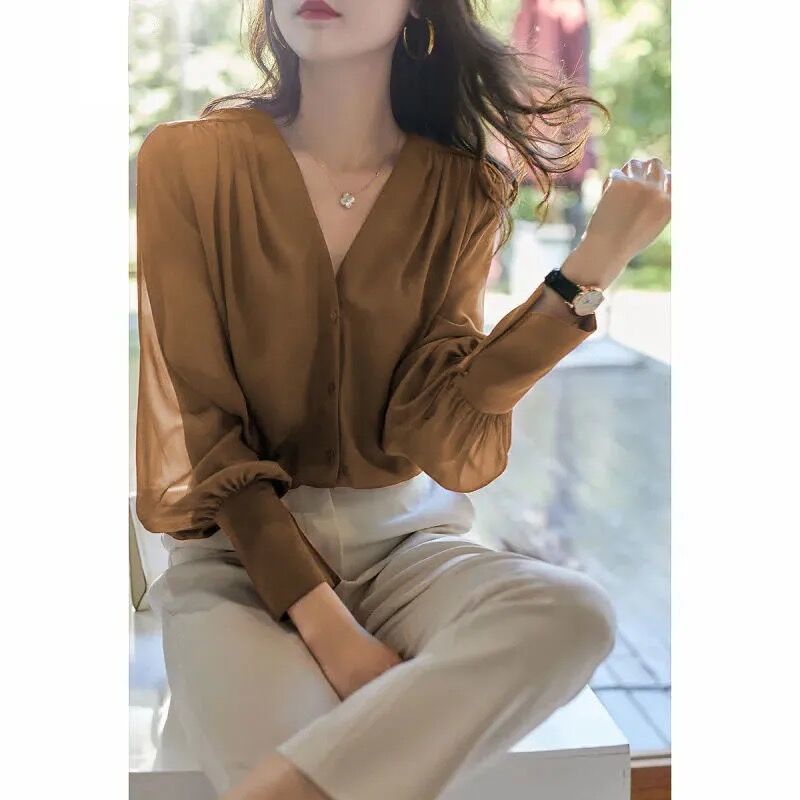 Áo Sơ Mi chiffon Cổ V Tay Dài Dáng Rộng Phong Cách Pháp Thời Trang Xuân Thu Hàng Mới Dành Cho Bạn Nữ 2022